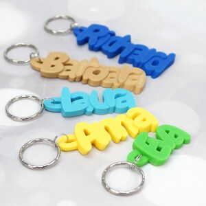 May include: Keychains with names in various colors: blue, tan, light blue, yellow, and green. Each keychain has a silver keyring attached. The names are "Richard", "Barbara", "Laura", "Anna", and "Eva".
