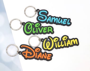 Personalised Disney Style Bag Tag / Keyring with Custom Name, Your Choice of Color and Size