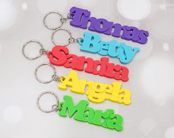 May include: Five colorful keychains with names spelled out in large, bold letters. The names are Thomas, Betty, Sandra, Angela, and Maria. Each keychain is attached to a silver key ring.