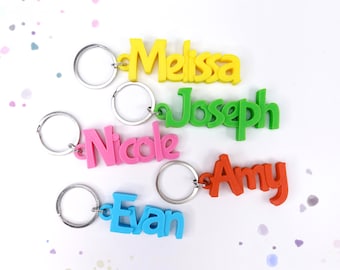 May include: Five colorful keychains with names spelled out in 3D letters. The names are Melissa, Joseph, Nicole, Amy, and Evan. The keychains are yellow, green, pink, orange, and blue.