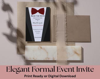 May include: Formal event invitation with a black tuxedo design and a red bow tie. The invitation includes event details such as the date, time, and location. The invitation is set against a neutral background with decorative elements.