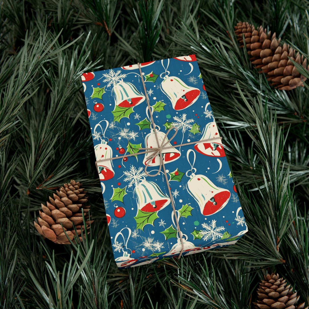 Vintage Christmas Bells Wrapping Paper, Retro Holiday Gift Wrap With ...