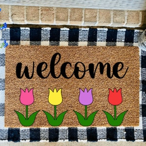 Custom Red Tulips Flower Doormat Welcome Mats Front Door Outdoor