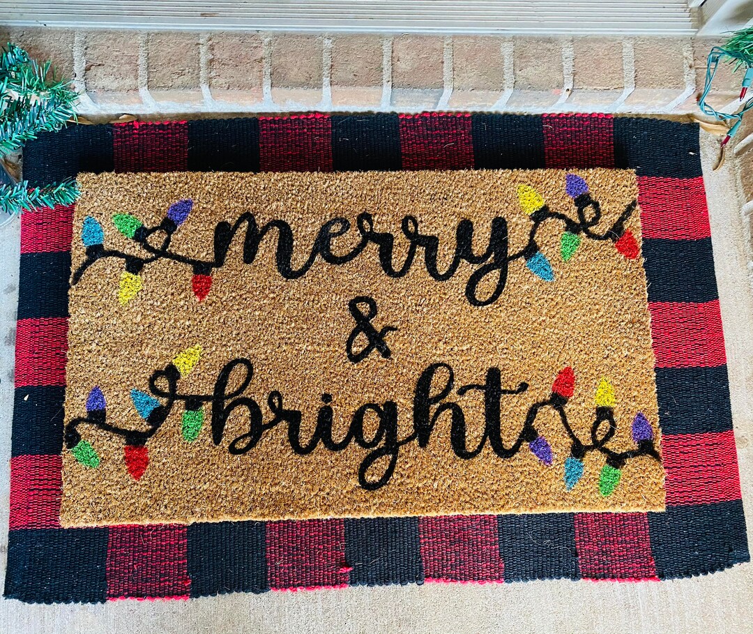 Merry and Bright Door Mat, Christmas Door Mat, Holiday Doormat, Christmas Lights Doormat