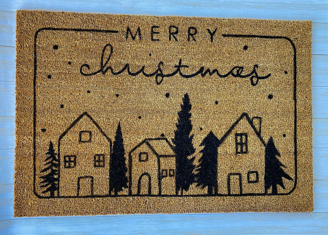Merry Christmas Village Door Mat Merry Christmas Door Mat Etsy