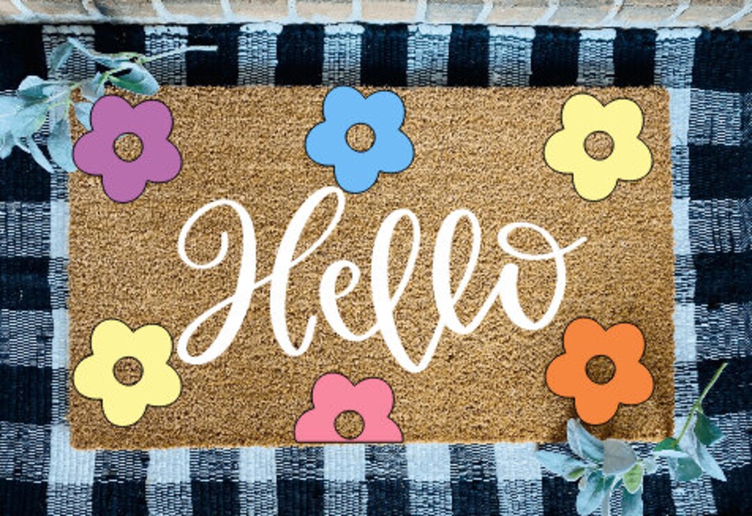 Hello Retro Flowers Door Mat Spring Rug Spring Etsy