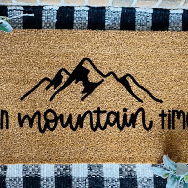 On Mountain Time Welcome Door Mat, Forest Door Mat, Outdoors Rug, Cabin Door Mat, Wilderness Rug, Mountain Welcome Rug, Camping Door Mat