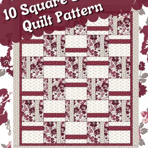 Peut inclure: Un modèle de courtepointe avec 10 bandes carrées. La courtepointe est faite de tissu rouge, blanc et gris avec un imprimé floral. Le modèle s'appelle "10 Square Strips Quilt Pattern" et provient de "Stashes of Stuff".
