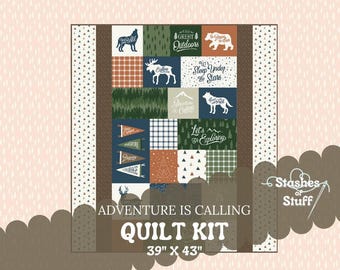 Beginner Pre Cut Quilt Kit 22 Adventure is Calling - Forest Wildlife Animals Bear Moose Deer Coyote  Boy Shower Gift - Easy to Sew 39" x 43"