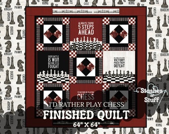 FINISHED QUILT I'd Rather Be Playing Chess - Chess Club - Perfect Gift for your loved one - Black, Burnt Red White  QUEEN’S Gambi -64" x 64"