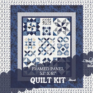 Quilt Cheater Print Panel can be precut - Water Mark 211 -  Modern Blue colors - Quick and Easy for Beginners - Sews together fast 53&quot; x 61&quot;