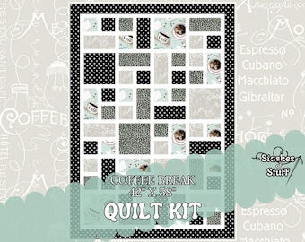 Quilt Kit- Quick simple easy fast - Pre Cut Beginner - Pieced Quilt - Aqua taupe coffee beans - Coffee Chalk by Riley Blake 251E - 42" x 58"