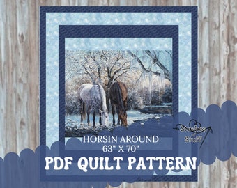 Quilt Pattern using High Horse Panel - Horsin Around   - Winter Horses - Panel Quilt Pattern - Quick and Easy for Beginners - 63" x 70"