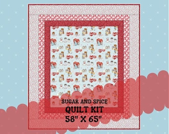Kit de edredón con tela y patrón precortados - Kits de edredón rojo, aguamarina y rosa - Sugar and Spice - Edredón de acabado rápido y fácil disponible de 58" X 66"