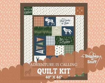 Pre Cut Quilt Kit 2  Adventure is Calling - Forest Wildlife Animals Bear Moose Deer Coyote - Boy Shower Gift - Easy for Beginners 40" x 46"