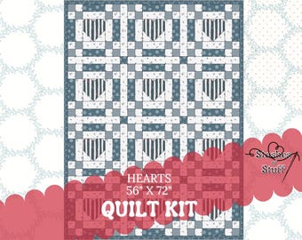 Winter Hearts Quilt Kit • Easy Beginner Pattern • Riley Blake Fabric • Blue Red Snowflake Heart Quilt • Sizes 32x32 36x36 or 56x72"