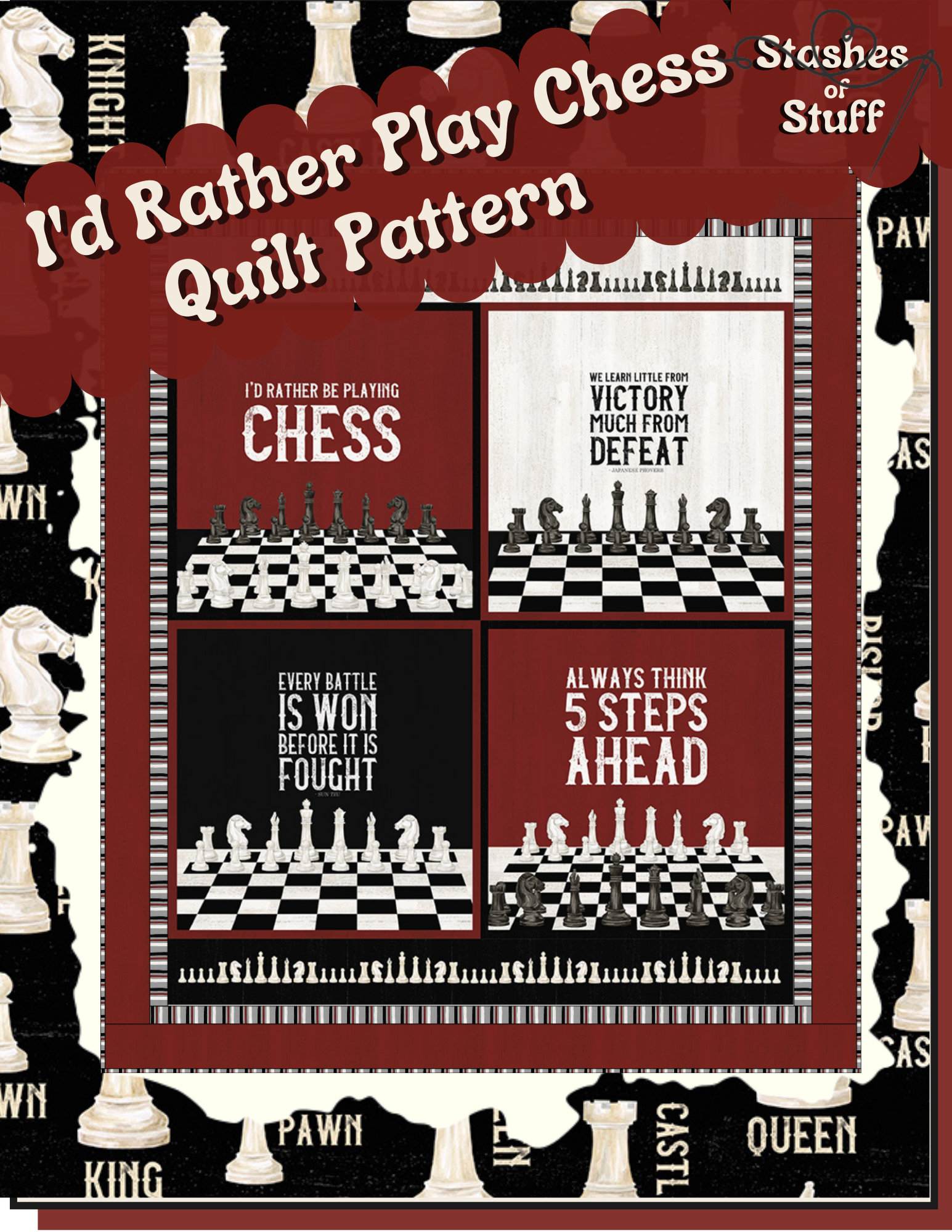 I'd Rather Be Playing Chess Pieces C11260 Off White - Riley Blake Designs -  Text Piece Names - Quilting Cotton Fabric