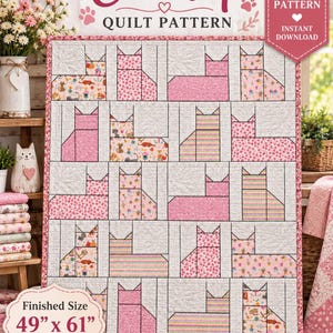 Könnte beinhalten: Ein Quiltmuster mit dem Titel Cat Nap, das ein Raster aus sechzehn stilisierten Katzenformen in verschiedenen rosa, floralen und gestreiften Stoffen auf hellgrauem Grund zeigt. Der Text lautet Cat Nap Quilt Pattern und Finished Size 124 cm x 155 cm.