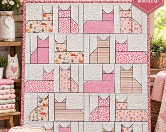 Cat Nap Quilt Pattern PDF, Cat Quilt Pattern, Easy Cat Quilt, 49x61 Quilt Pattern, Instant Download, Digital Quilt Pattern
