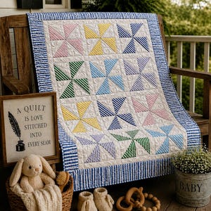 May include: A quilt featuring a pinwheel pattern with pastel-coloured striped fabric blocks on a white background, framed by a blue and white striped border. The quilt is displayed on a wooden chair next to a sign with text, a plush bunny, baby booties, wooden rings, and a metal bucket.