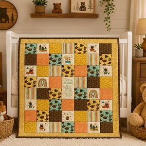May include: A patchwork quilt featuring a grid of squares in yellow, orange, brown, and teal. The fabric patterns include bears, rainbows, cars, and striped designs. One central square contains the text: Sometimes the littlest things take up the most room in your heart.