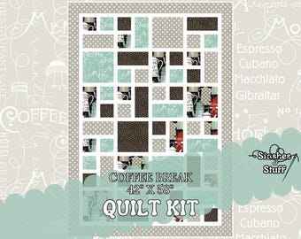 Quilt Kit -Pre Cut Beginner  Quick simple easy fast - Pieced Quilt - Aqua taupe coffee beans - Coffee Chalk by Riley Blake 251B - 42" x 58"