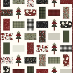 May include: A white background with a patchwork quilt design featuring various Christmas-themed patterns. The patterns include plaid, gingham, snowflakes, poinsettias, and Christmas trees. The quilt is made up of squares and rectangles of different sizes.