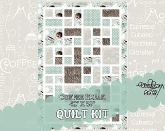 Pieced Quilt - Pre Cut Beginner - Quilt Kit- Quick simple easy fast - Aqua taupe coffee beans - Coffee Chalk by Riley Blake 251D - 42" x 58"