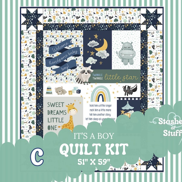 Quilt Kit It's a Boy - Quick simple easy fast Panel Quilt - Pre Cut Beginner - It's a Boy by Riley Blake 930 - 51" x 59"