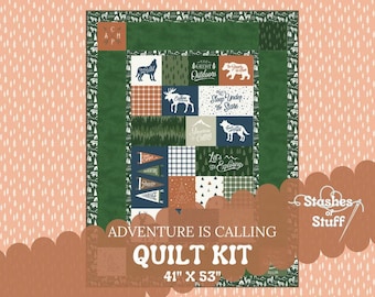 Kit de acolchado "La aventura te llama" – Colcha de paneles de Riley Blake - Animales del bosque y oso - Regalo para baby shower - Fácil para principiantes 41" x 53"