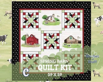 Spring Barns Quilt Kit | Riley Blake Spring Barn Collection | 59 x 59 Quilt | Farmhouse Barn Quilt Kit | Cows and Barn Quilt 845