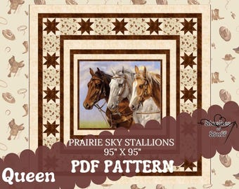 Prairie Sky Stallions Quilt Pattern PDF – Western Horse Panel Quilt – 95 x 95 Square Quilt – Star Border Pattern