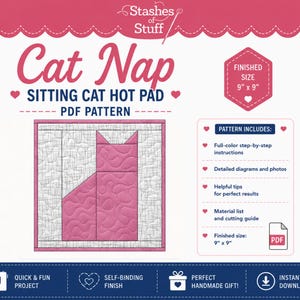 Sitting Cat Hot Pad Pattern PDF Download | Beginner Quilting Pattern | Cat Pot Holder | Easy Kitchen Sewing Project
