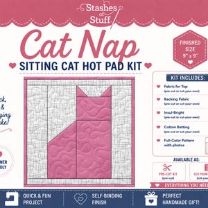 以下が含まれることがあります： Stashes of StuffのCat Nap Sitting Cat鍋敷きキット。仕上がりサイズは23cm x 23cmです。キットには、トップ用生地、裏地用生地、Insul-Bright、コットンバッティング、写真付きのフルカラーパターンが含まれており、初心者でも簡単に作成できるプロジェクトです。