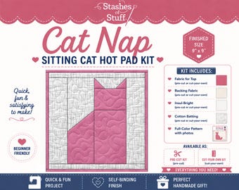Cat Nap Sitting Cat Hot Pad Kit | Beginner Quilt Kit | Learn to Quilt Project | Pre-Cut Sewing Kit | Self Binding Pot Holder | Cat Lover