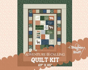 Kit de edredón doble "La aventura te llama" - Animales salvajes del bosque: oso, alce, ciervo, coyote - Regalo para baby shower - Precortado, fácil para principiantes, 69" x 85"
