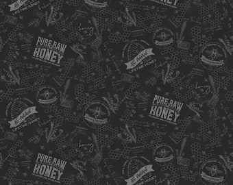 Bee's Life Tonal Black- C10102-BLACK- Bee and honey-themed images & text - Designer Tara Reed for Riley Blake Designs- 100% Cotton Fabric
