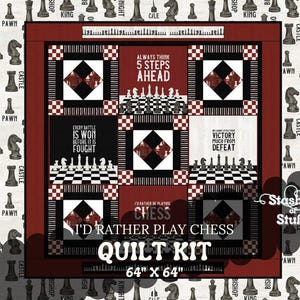Pre Cut Quilt Kit - I&#39;d Rather Be Playing Chess - Chess Club - Fun to make - Black Red White Quilt Panel - QUEEN’S Gambit 460A - 64&quot; x 64&quot;