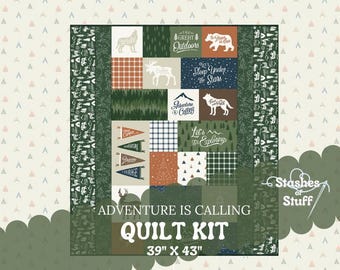 Pre Cut Quilt Kit 334 D Adventure is Calling - Forest Wildlife Animals Bear Moose Deer - Boy Shower Gift - Easy for Beginners 39" x 43"