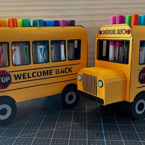 3-D School Bus Pen/Marker Holder, 3D Paper Cut SVG, Cardstock School Bus for Cricut or die cutting