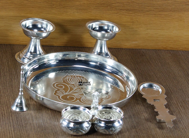 White Lotus Handcrafted Silver Plated Pooja Thali Set - Etsy