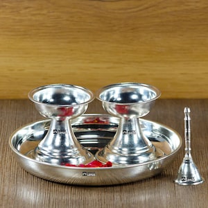 WHITE LOTUS Handcrafted Silver Plated Pooja Thali Set