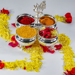 WHITE LOTUS Handcrafted Silver Plated 4 Cup Panchwala, Haldi kumkum Bharani for Pooja, Gifts and Home Decor