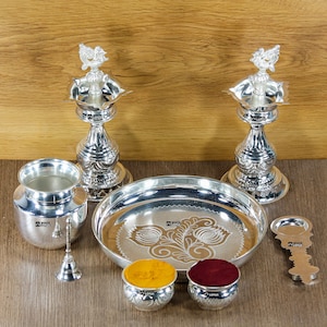 Handcrafted Silver Pated Engraving Design Plate Pooja Thali Set 3