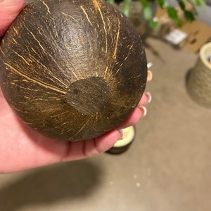 K&ouml;nnte beinhalten: Ein dunkelbraunes, kugelf&ouml;rmiges Objekt mit strukturierter Oberfl&auml;che und hellbraunen Adern. Das Objekt scheint aus einem nat&uuml;rlichen Material, m&ouml;glicherweise einer Kokosnussschale, hergestellt zu sein. Das Objekt wird in einer Hand gehalten.