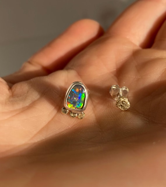 Black opal & 14 karat gold earring stud combo. Yellow flashes, Lightning Ridge Australian opal. Handmade, artisan, unique