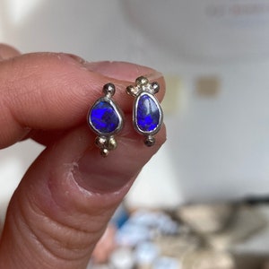 Violet boulder opal earring studs. Sterling silver, 14 k white gold and 14 k yellow gold details. image 3