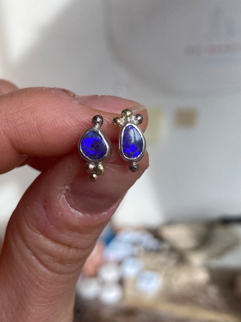 Violet boulder opal earring studs. Sterling silver, 14 k white gold and 14 k yellow gold details. image 3