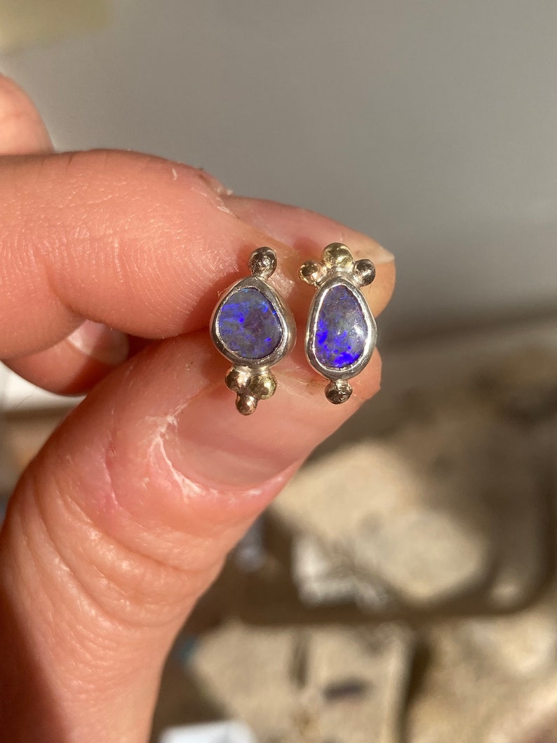 Violet boulder opal earring studs. Sterling silver, 14 k white gold and 14 k yellow gold details. image 5