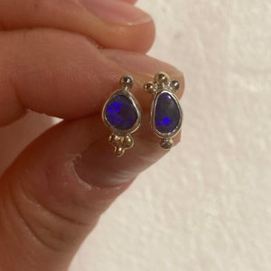 Violet boulder opal earring studs. Sterling silver, 14 k white gold and 14 k yellow gold details. image 4